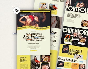 May include: A website design featuring a portfolio layout with a yellow and black color scheme. The design includes images of people, text that reads "We Craft Daring Brands, Eye-Popping Visuals, & Campaigns That Make Noise", and the logo for Rebel Riot.