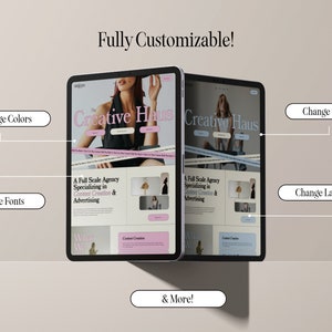 May include: A mockup of a website design on a tablet screen. The website is for a creative agency called "Creative Haus". The website is fully customizable, with options to change colors, fonts, photos, and layout.