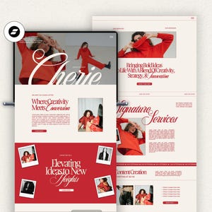 Puede incluir: Una página de inicio de sitio web con la palabra "Cherie" en una fuente grande y estilizada. El sitio web presenta un esquema de color rojo y blanco e incluye texto sobre creatividad, conversión y servicios de firma. El sitio web también presenta imágenes de personas que usan ropa roja.