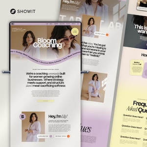 May include: A digital website layout for Bloom Coaching displayed on a screen, featuring a light purple and cream colour palette, photographs of a person in a light suit, and text including 'Hey, I'm Lily!', 'How It Works', and 'Frequently Asked Questions'.