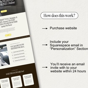 Puede incluir: Una plantilla de dise&ntilde;o de sitio web con un esquema de color blanco y negro. El texto en el sitio web dice "Desbloquea los secretos de ganar dinero en l&iacute;nea" y "Te sientes como si estuvieras destinado a m&aacute;s..." La plantilla de dise&ntilde;o de sitio web est&aacute; a la venta y la imagen muestra c&oacute;mo comprar la plantilla.