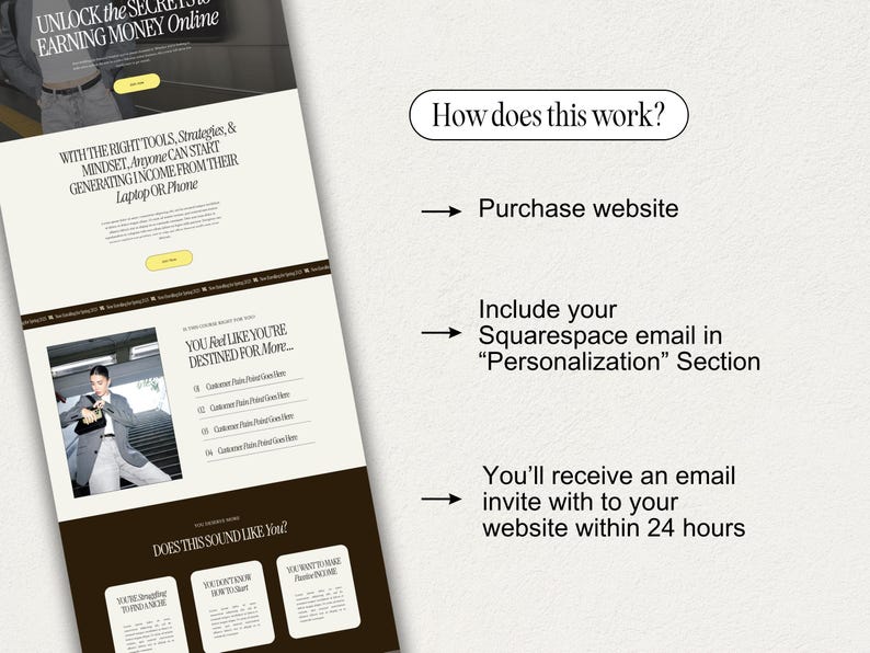Puede incluir: Una plantilla de dise&ntilde;o de sitio web con un esquema de color blanco y negro. El texto en el sitio web dice "Desbloquea los secretos de ganar dinero en l&iacute;nea" y "Te sientes como si estuvieras destinado a m&aacute;s..." La plantilla de dise&ntilde;o de sitio web est&aacute; a la venta y la imagen muestra c&oacute;mo comprar la plantilla.