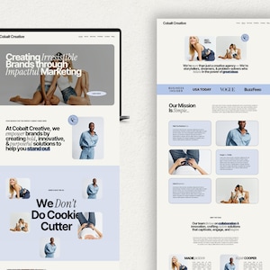 Puede incluir: Una p&aacute;gina de inicio de sitio web para una agencia creativa llamada Cobalt Creative. El sitio web presenta un esquema de color azul y blanco e incluye texto que dice "Creando Marcas Irresistibles a trav&eacute;s de Marketing Impactante". El sitio web tambi&eacute;n presenta im&aacute;genes de personas que usan jeans.
