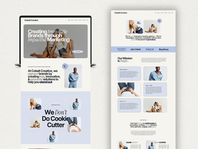 Puede incluir: Una p&aacute;gina de inicio de sitio web para una agencia creativa llamada Cobalt Creative. El sitio web presenta un esquema de color azul y blanco e incluye texto que dice "Creando Marcas Irresistibles a trav&eacute;s de Marketing Impactante". El sitio web tambi&eacute;n presenta im&aacute;genes de personas que usan jeans.