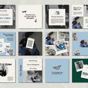 May include: A collage of nine Instagram posts with a blue and white color scheme. The posts feature various images and text, including tips for growing on social media, a quote about success, and a motivational message about Monday. The posts also include images of a woman, a butterfly, and a cup of coffee.