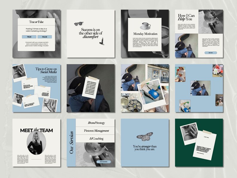 May include: A collage of nine Instagram posts with a blue and white color scheme. The posts feature various images and text, including tips for growing on social media, a quote about success, and a motivational message about Monday. The posts also include images of a woman, a butterfly, and a cup of coffee.