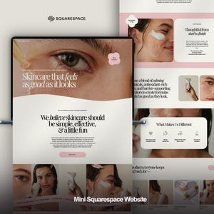 Pode incluir: Maquete digital de um site de cuidados com a pele em um tablet e uma página separada. O site apresenta o texto "Skincare that feels as good as it looks" e "We believe skincare should be simple, effective, & a little fun."