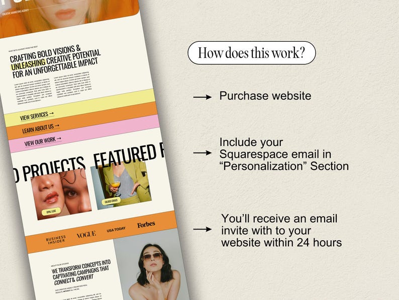 Op de afbeelding: Een website-ontwerptemplate met een kleurrijke gestreepte achtergrond en tekst die luidt "Crafting bold visions & unleashing creative potential for an unforgettable impact". De website bevat ook een sectie met de tekst "Featured Projects" en een sectie met de tekst "How does this work?" met instructies over hoe de template te kopen.