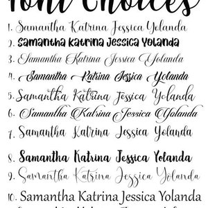 May include: A list of 11 different font styles for the names Samantha, Katrina, Jessica, and Yolanda. The font styles range from simple to ornate.