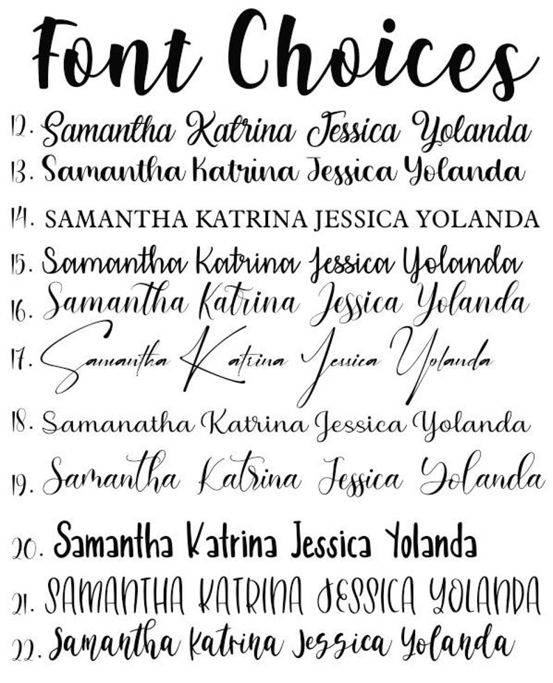 May include: A list of different font styles for the names Samantha, Katrina, Jessica, and Yolanda. The names are numbered 12 through 22.