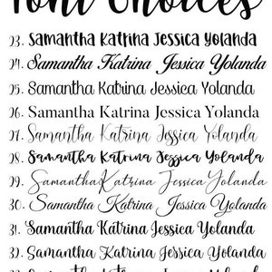 May include: A list of font choices for names, showing the names Samantha, Katrina, Jessica, and Yolanda in different fonts. The fonts are numbered 23 through 33.