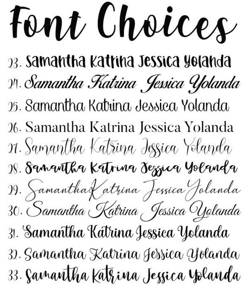 May include: A list of font choices for names, showing the names Samantha, Katrina, Jessica, and Yolanda in different fonts. The fonts are numbered 23 through 33.