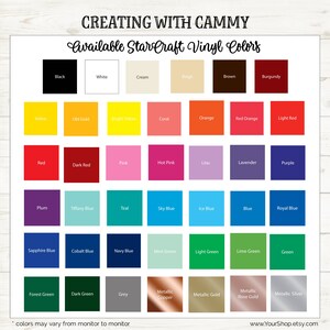 May include: A chart showing a variety of vinyl colors available for crafting. The colors are organized in rows and columns, with each color represented by a square. The colors include black, white, cream, beige, brown, burgundy, yellow, old gold, bright yellow, coral, orange, red orange, light red, red, dark red, pink, hot pink, lilac, lavender, purple, plum, tiffany blue, teal, sky blue, ice blue, blue, royal blue, sapphire blue, cobalt blue, navy blue, mint green, light green, lime green, green, forest green, dark green, grey, metallic copper, metallic gold, metallic rose gold, and metallic silver.