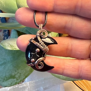 Obsidian Moon Antiqued Copper Pendant: Wire Wrapped Bohemian Jewelry holloween jewelry spooky season