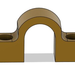 May include: A brown metal pipe clamp with two holes on each side. The clamp is designed to hold a pipe in place.