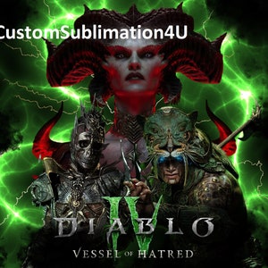 May include: A green and black digital art print featuring characters from the video game Diablo IV. The characters are standing in front of a green and black background with lightning bolts. The text "Diablo IV Vessel of Hatred" is at the bottom of the image.
