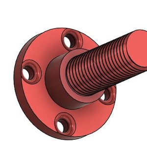 May include: A red metal screw with a large, flat, circular base. The base has four holes around the edge. The screw has a threaded shaft.