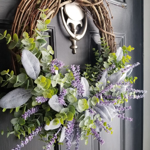 Lavender wreath, eucalyptus, lambs ear, grapevine wreath, spring wreath