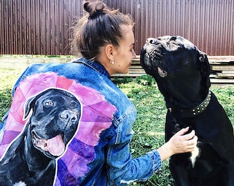 Pet and owner portrait Pet Cartoon Drawing Custom Made Pet Portrait Jean Jacket with drawing