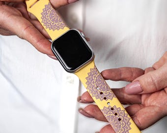 Yellow Apple Watch Band with Purple Mandala – Minimalist Engraved Strap