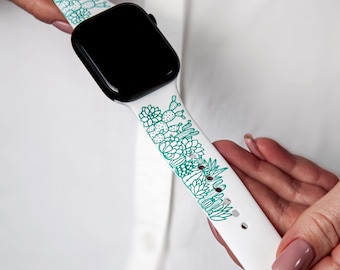 White Apple Watch band with green color engraved succulent pattern