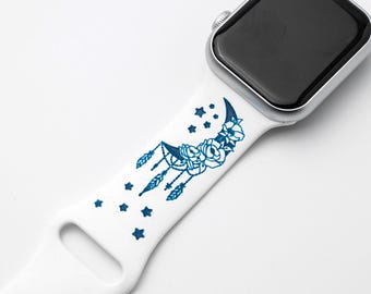Blue Moon Dreamcatcher with Flowers –  White Apple Watch Band – Engraved Celestial strap