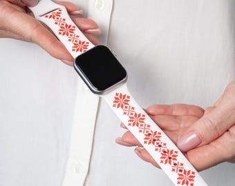 Personalized Apple Watch band with Ukrainian embroidery, engraved and permanent red paint filling. Ukrainian seller