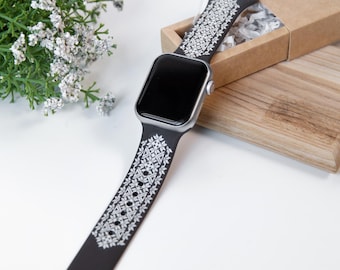 Brown Apple Watch Band with White Embroidery Design | Engraved Folk Strap | Ukrainian Heritage Gift