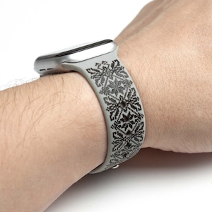 Ukrainian men Vyshyvanka paisley on gray Apple Watch, engraved with black silicone ink fill. Made in Ukraine
