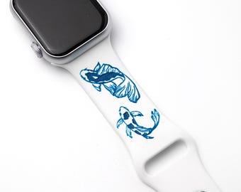 White Silicone Apple Watch Band: Blue Koi Fish Engraving