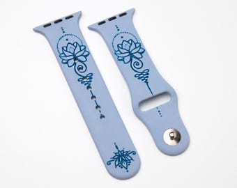 Light blue Apple Watch band with Engraved Lotus Design, Spiritual Zen Strap