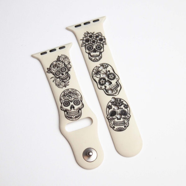 Day of the dead, Sugar skulls engraving and black paint filling, Tattoo like style Beige Apple Watch band