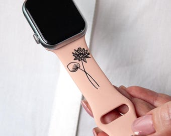 Nude Apple Watch band with color engraved customized birth month flowers