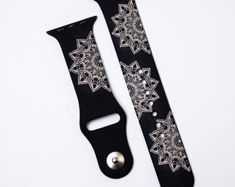 Black Apple Watch Band with Beige Mandala Engraving – Boho Chic Strap, Handmade in Ukraine