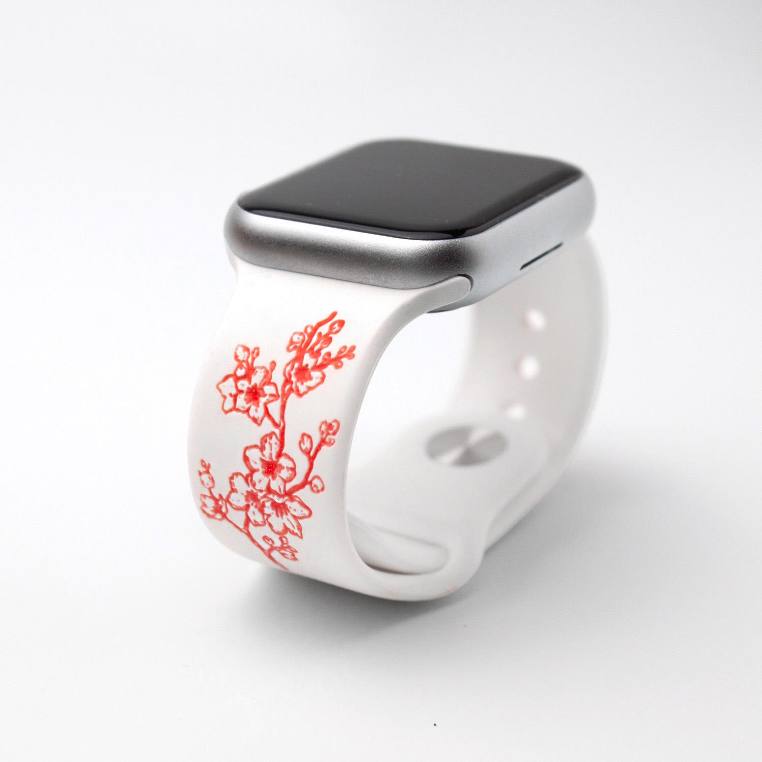 Sakura Cherry Blossom Engraved Apple Watch Band - Red Floral Design