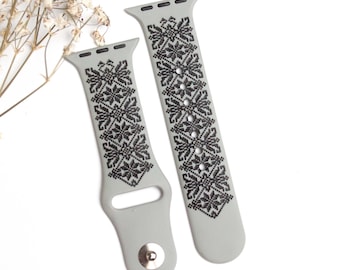 Men’s Gray Apple Watch Band with Black Vyshyvanka Paisley Engraving – Made in Ukraine