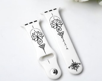 Black Lotus on White Silicone Apple Watch Band – Minimalist Design