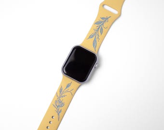 Floral Apple Watch Band: Engraved Botanical Line Art - Soft Yellow & Blue
