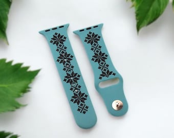 Cactus Green Apple Watch Band – Black Vyshyvanka Engraving – Ukrainian Folk Silicone Strap – Handmade Cultural Gift