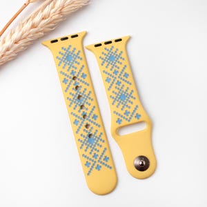 Blue Ukrainian Vyshyvanka Embroidery – Yellow Apple Watch Band – Engraved Strap – Made in Ukraine