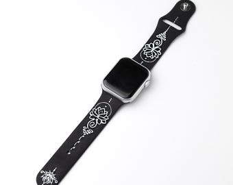 Minimalist Yoga Lotus Strap with White Engraving – Black Apple Watch Band – Boho Silicone Band