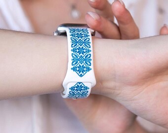 Engraved with Ukrainian embroidery, apple watch band, white and blue. Permanent waterproof painting. Made in Ukraine