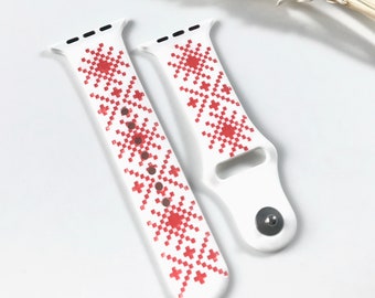 Ukraine's ethno embroidery band engraved with red color fill. Smartwatch strap, Made in Ukraine