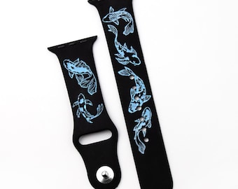 Black Apple Watch Band with Blue Koi Fish Engraving – Symbolic Zen Gift for Him or Her