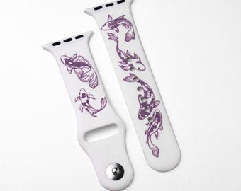 Koi Fish Engraved Apple Watch Band: White Silicone with Purple Accent