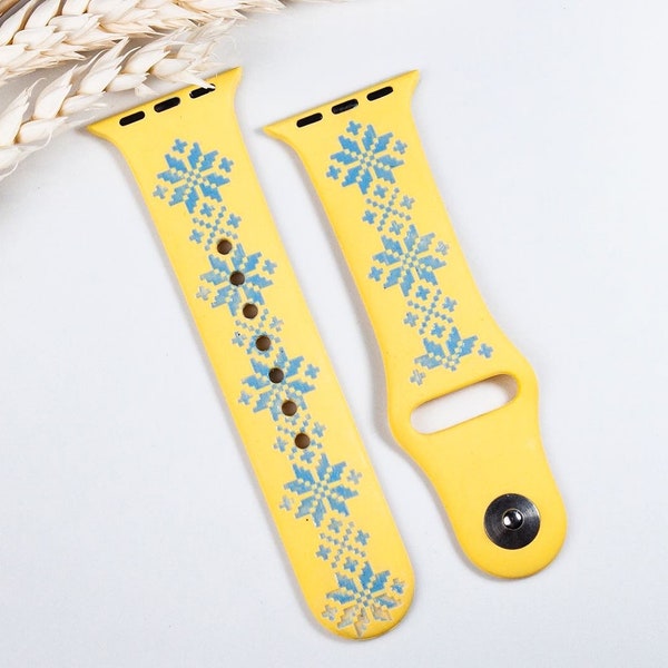 Personalized Apple watch band with engraving and drawing with Ukrainian embroider. Made in Ukraine