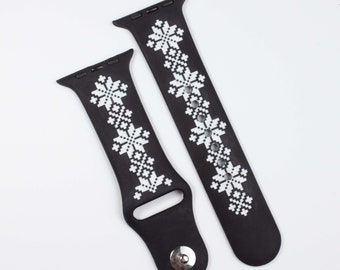 Apple watch band Ukrainian Vyshyvanka man engraving with paint fill. Made in Ukraine