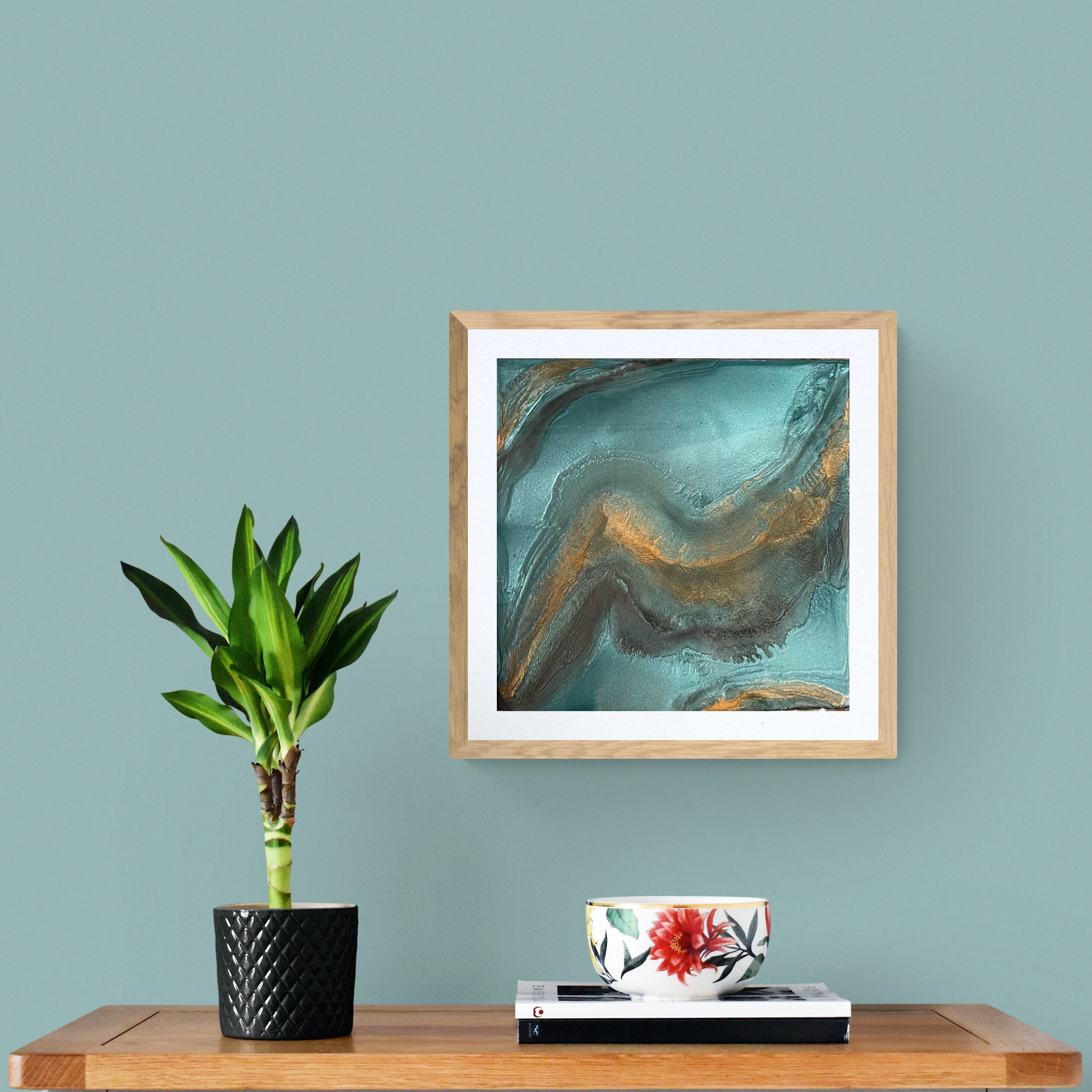 Tableau Effet Vague en Résine Epoxy Turquoise, Bronze & Noir