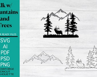 Elk with Trees and Mountains digital files, cricut, cnc, silhouette svg, files