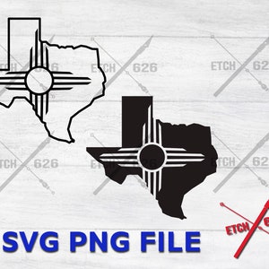 Puede incluir: Esquema en blanco y negro del estado de Texas con el símbolo del estado de Nuevo México, el símbolo Zia, en el centro.  SVG PNG FILE.
